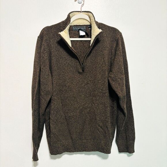 Oscar De La Renta 1/4 Zip Sweater Men's Sz XL Brown Marled Sherpa Lined Collar - Picture 1 of 8